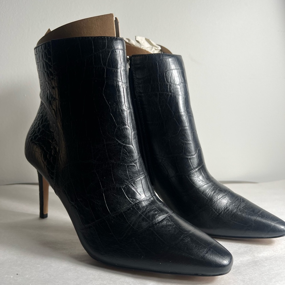 Vince Camuto Black Croc-Patterned Heeled Boots. NWOT. Sale